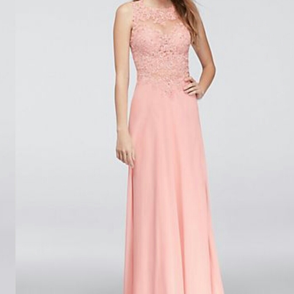 Illusion Neck Lace and Chiffon Long Gowns Gold Plus Size main image 0